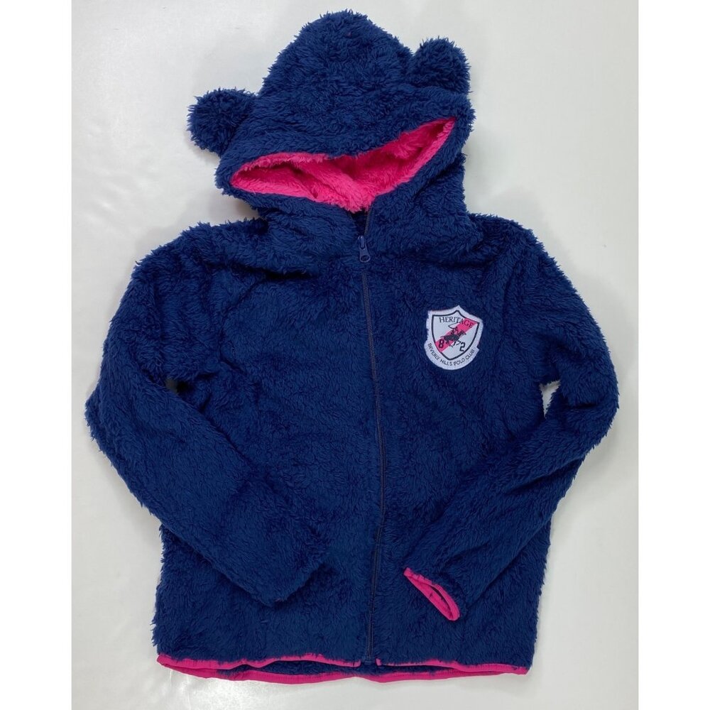 Beverly Hills Polo Club Girls Navy Hoodie Jacket Pink Bear Ears Size Medium